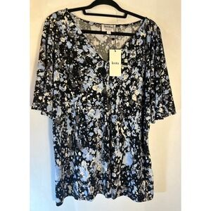 Leota Dia & Co Allie Top Blouse Shirt Black White Blue Splatter Size 2XL
